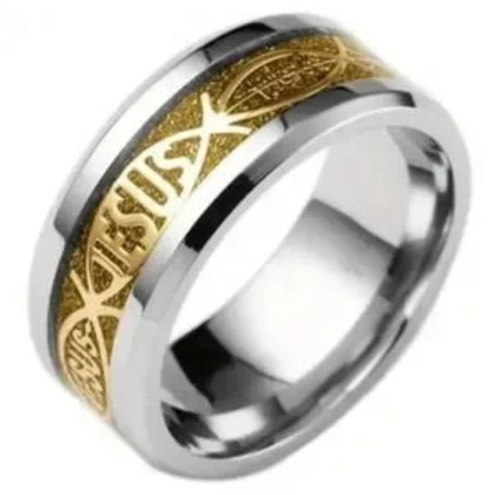 Christian Ring Jesus Fish & Cross Gold Silver Christmas Gift NEW See Sizes Below